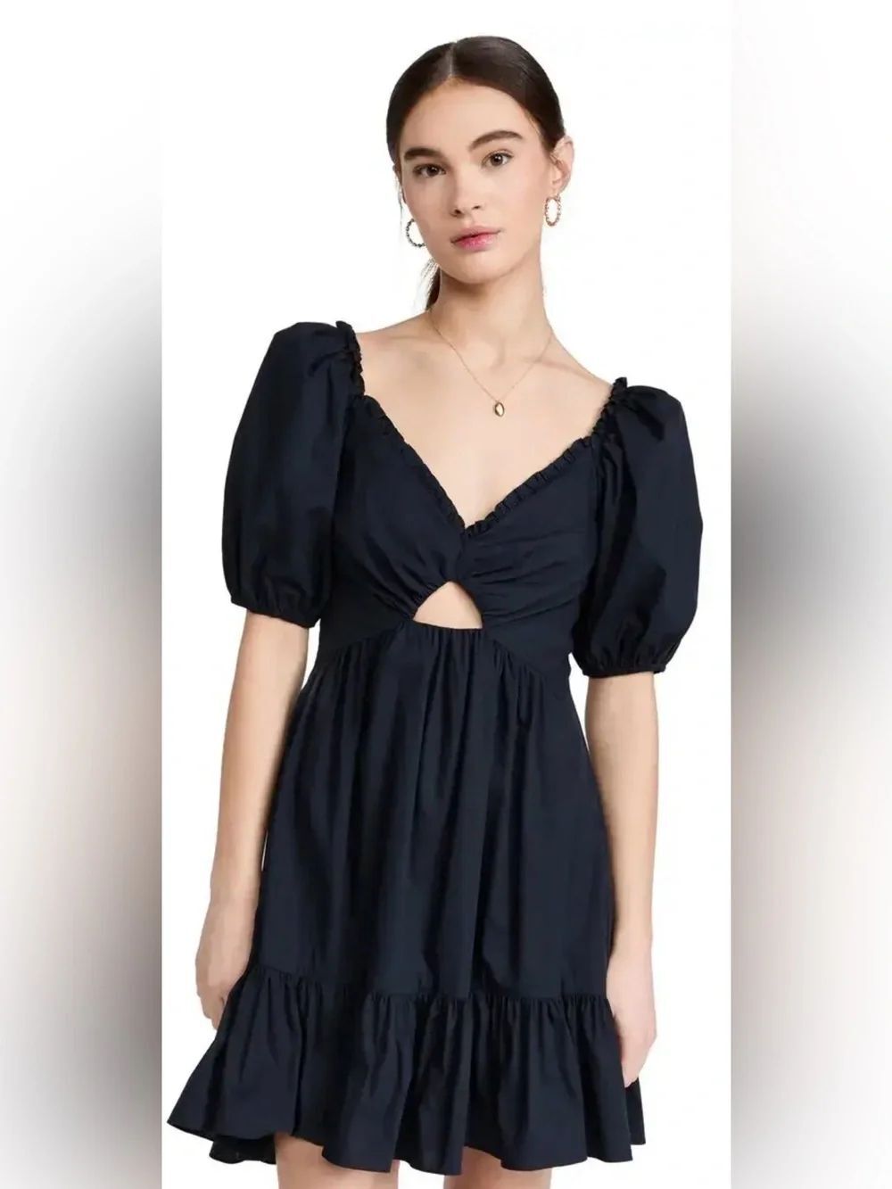 cinq a sept Black Puff-Sleeve Mini Dress with Front Cutout
